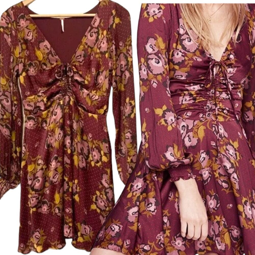 Free People Burgundy Floral Mini Dress with Pink & Mustard Accents